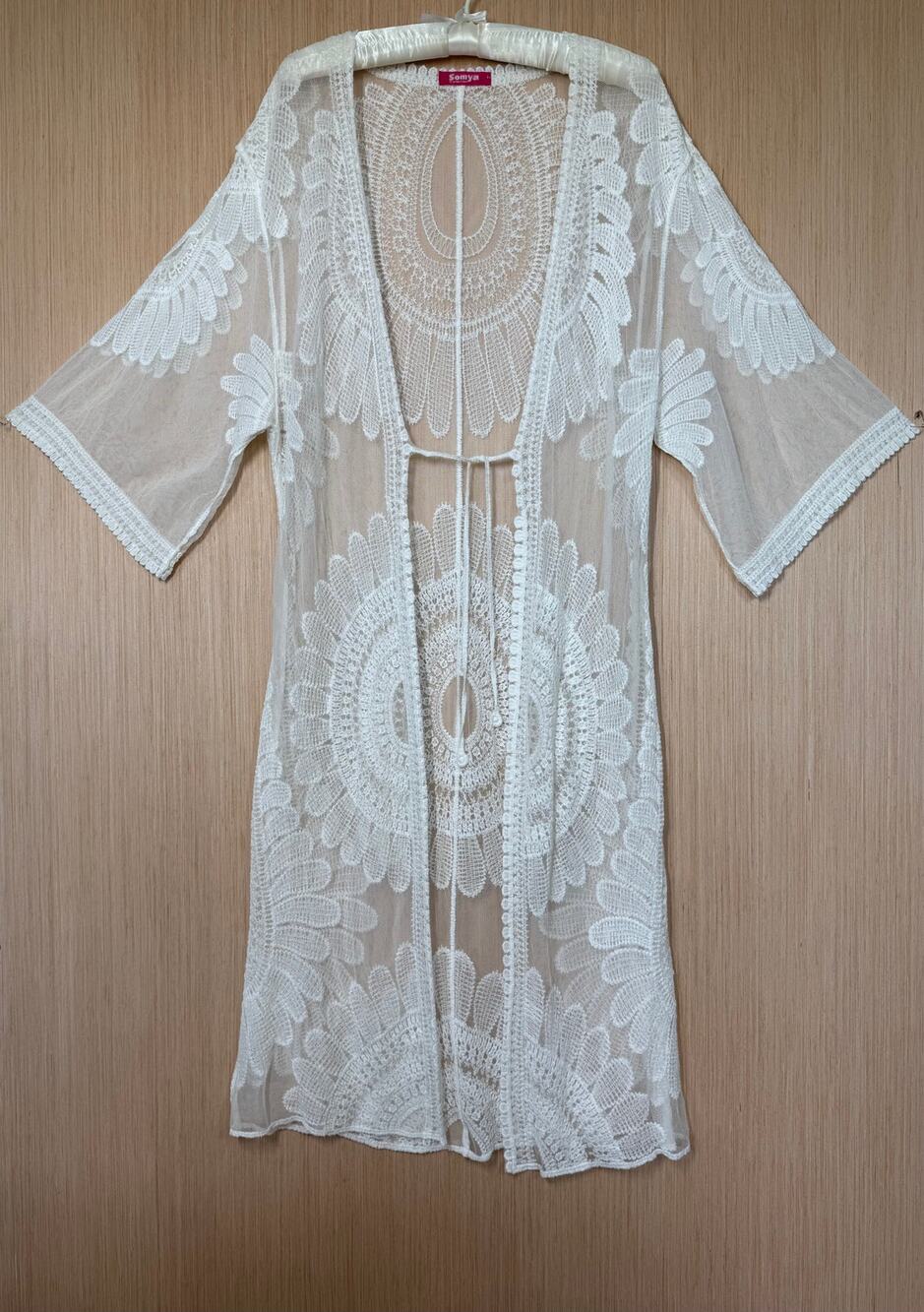Somya Collection Floral Mesh Lace Duster Kimono Top Large Ivory Boho Ethereal